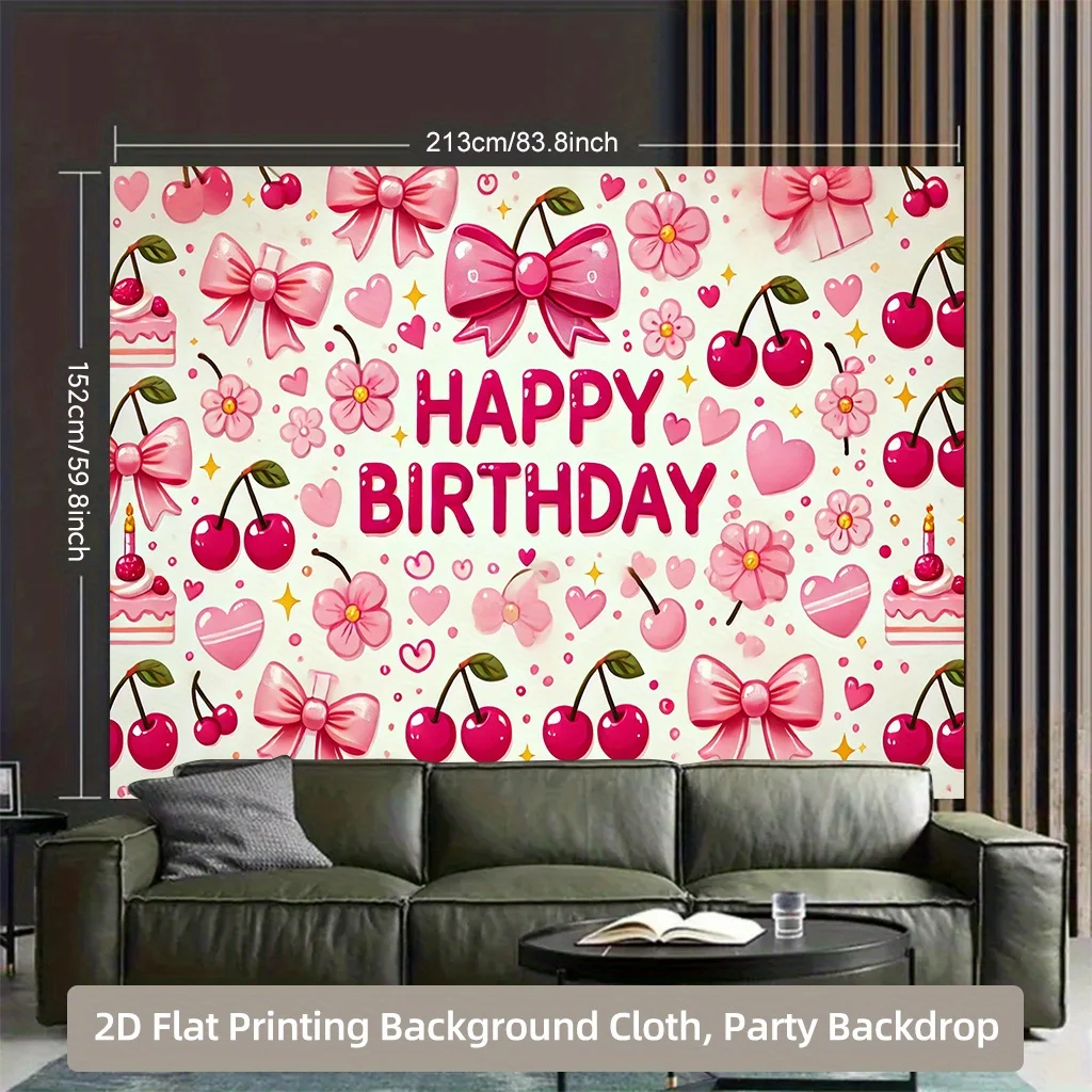 2D Background Cloth 1pc, Pink Bow and Cherry Element Background Cloth, Multifunctional Polyester Fabric Durable Background