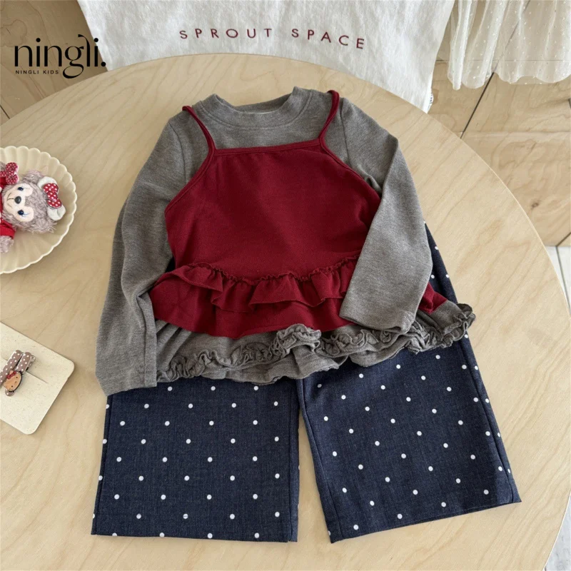 

Children's Clothing25Autumn New Style Girls' Toddler Strap Ruffled EdgeTT-shirt Two-Piece Set Top Polka Dot Long Pants
