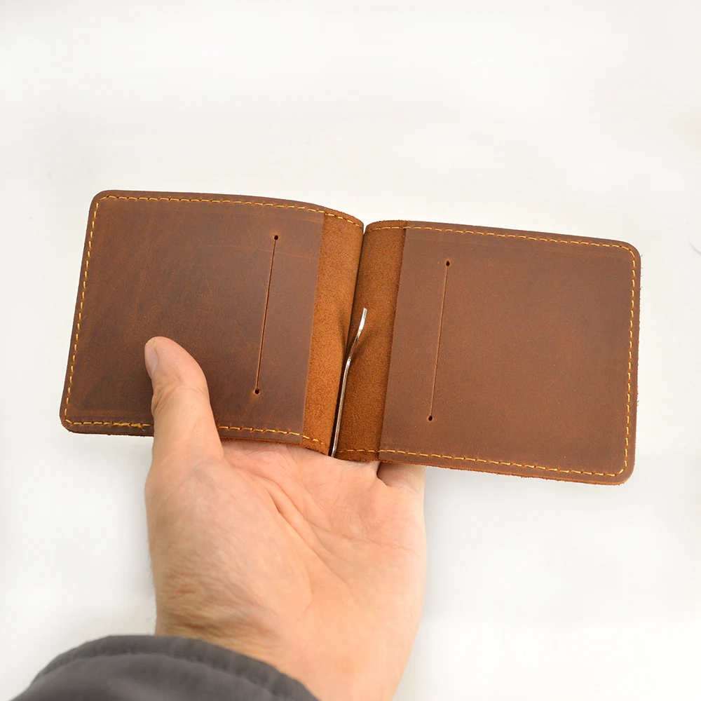 Portefeuille en cuir véritable pour hommes, fait à la main, avec pince à billets à deux volets, accessoire masculin court en peau de vache, avec pince à billets Slim