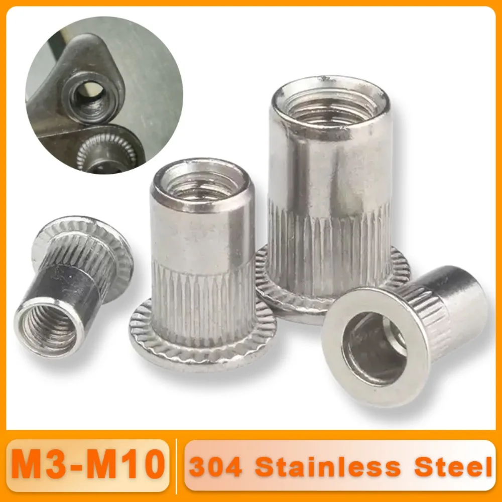 M3 M4 M5 M6 M8 M10 304 Stainless Steel Flat Head Rivet Nut Vertical Stripe Threaded Insert Nutsert Cap Rivet Nuts Hardware