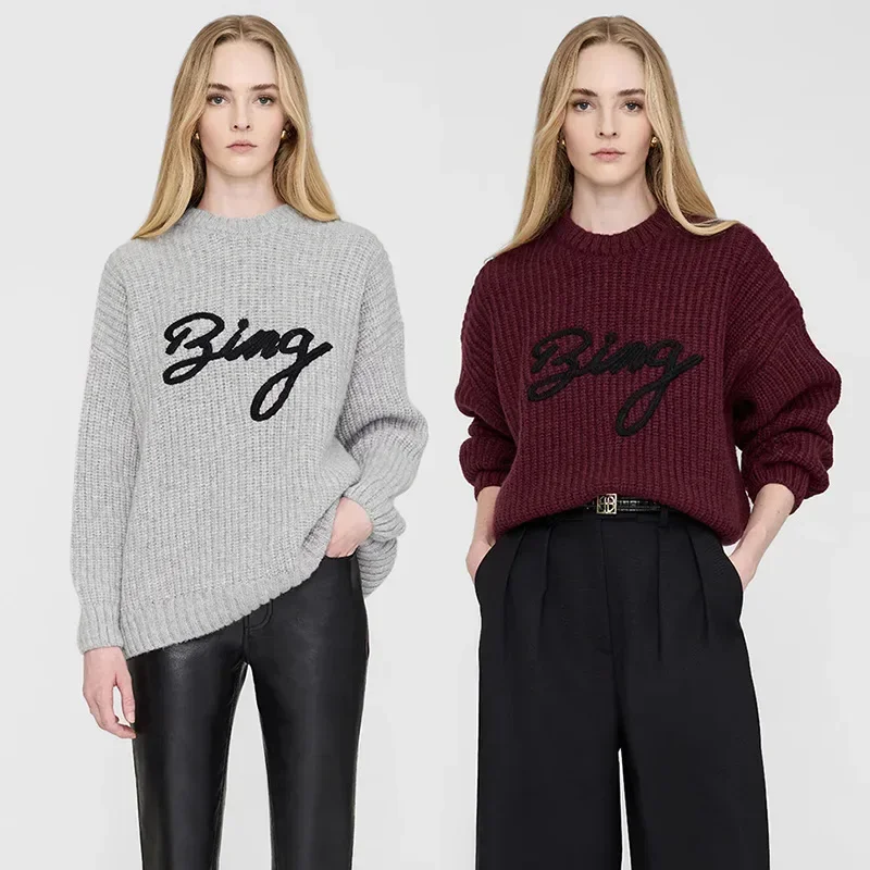 24 New Winter North American Niche AB Classic Letters BING Wool Round Neck Sweater Alpaca Wool Women's Sweater