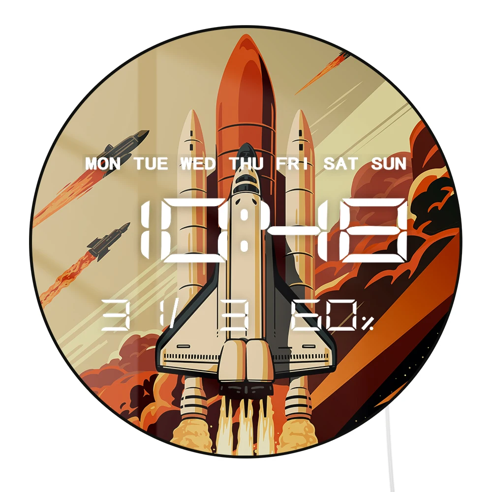 Launching Rocket LED Digital Wall Clock Shuttle Space Exploration Electronic Wall Clock with Calendar Temperature Humidity Date