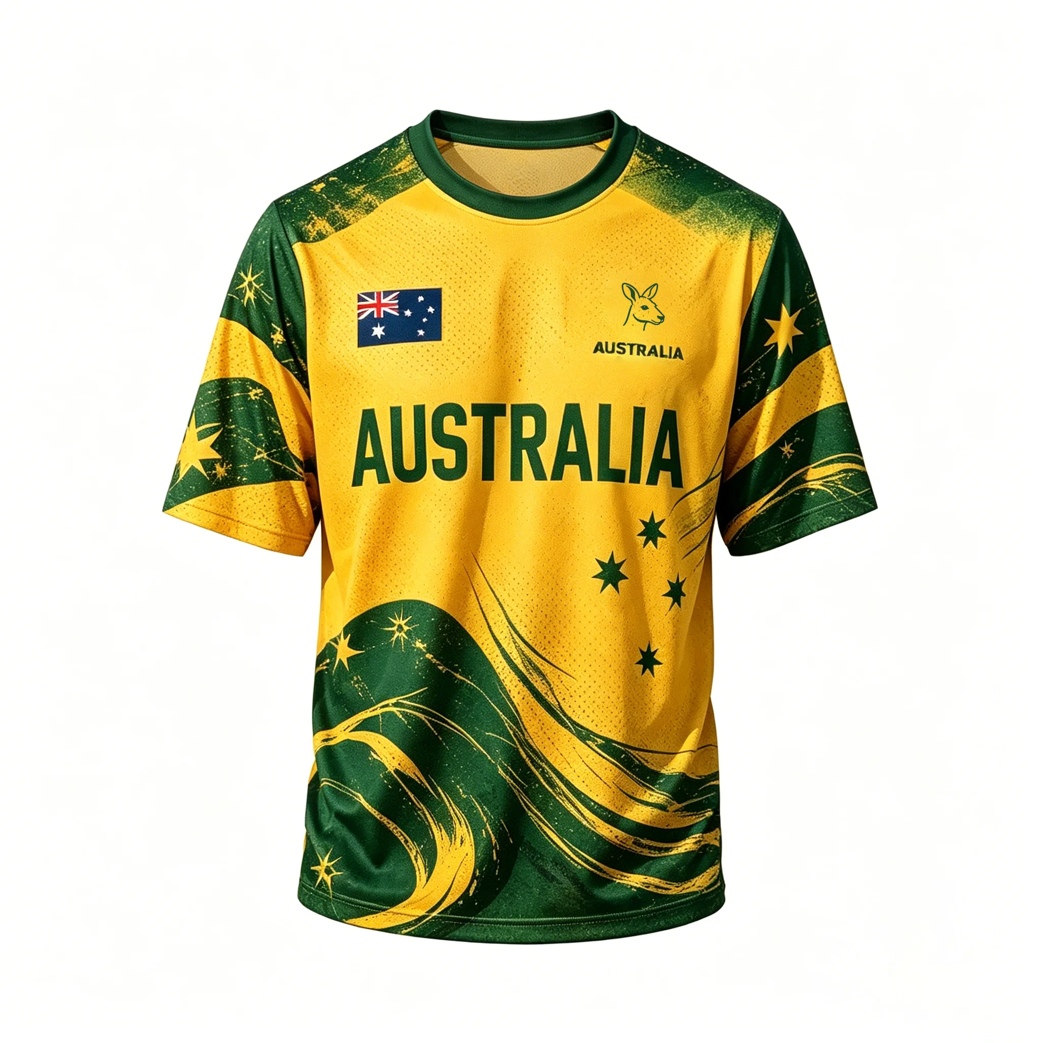 2026 Unisex Australia Soccer Jersey, Green Gold Star Wave Print Breathable Short Sleeve Football Fan Shirt for Men Women Kids