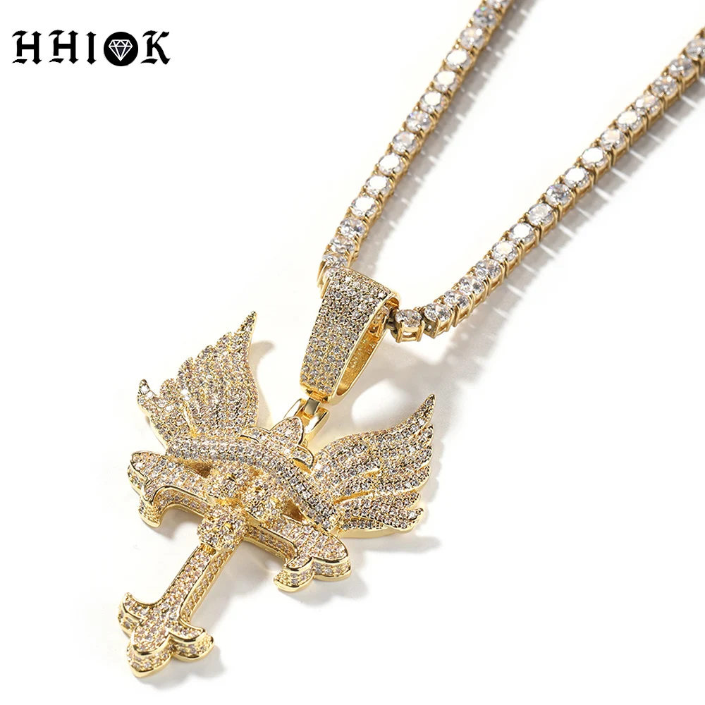 

Hip Hop Rap Jewelry 18K Gold Plated Copper Iced Out CZ Diamond New Design Angel Wing Cross Charm Pendant Necklace For Men