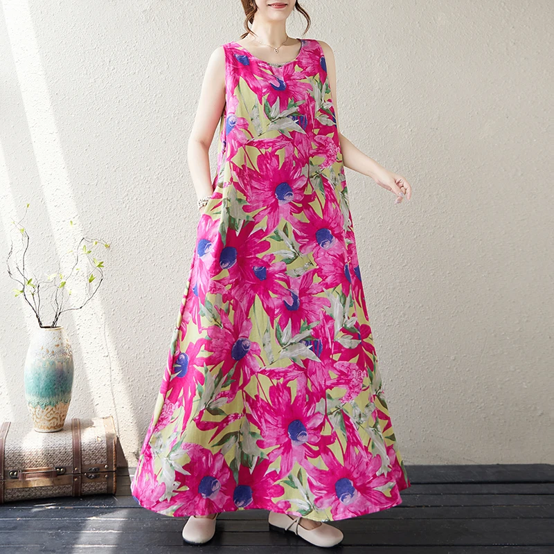 

Elegant Ageless Sleeveless Large Size Women Summer Bohemian Ethnic Print Cotton Linen Loose Long Dress Full Skirted Dress
