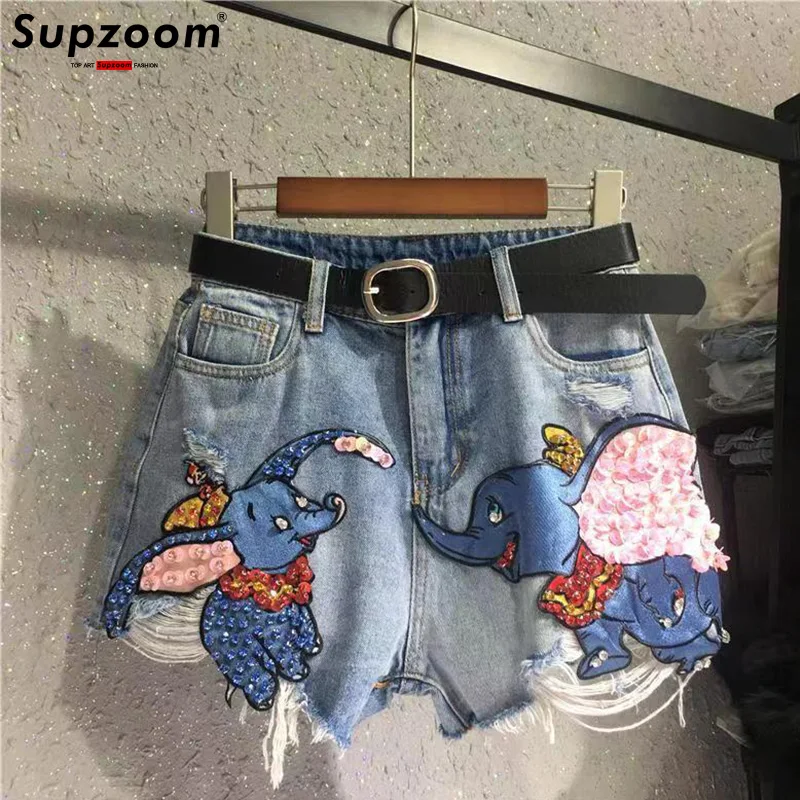 Disney New Arrival Top Fashion Cotton Women Embroidery Beading Dumbo Female Summer Big Irregular Flash High Waist Short