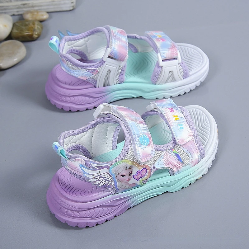 Disney Children Shoes Summer Elsa Girls Mesh Beach Sandals Fashion Frozen Princess Soft Bottom Light Peep Toe Sandals Size 26-37