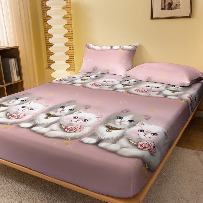 1 cartoon animal little cat printed matte Fitted Sheet, bedroom printed bed cover, bedding (excluding pillowcases)