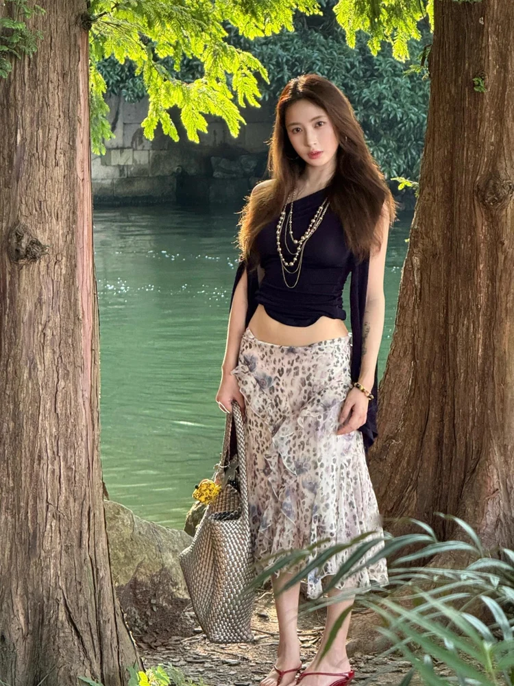 Romantic Lightweight Midi Skirt with Insertion Asymmetrical Hem Leopard Print American Style for Women Summer New Versatile H...