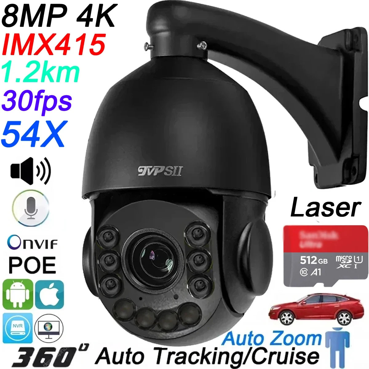 Metal Black Auto Tracking 4K 8MP H.265+ 54X Optical Zoom 360° Audio Outdoor ONVIF POE PTZ Speed Dome Surveillance CCTV IP Camera