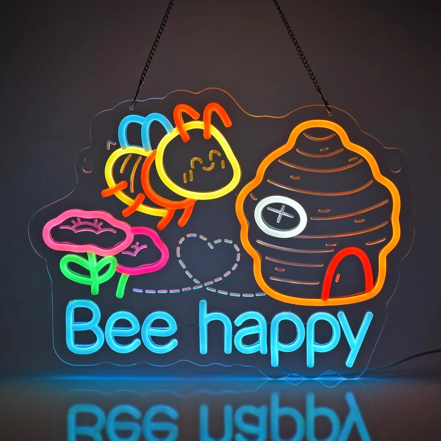 Bee Happy LED Neon Sign USB Dimmable Neon Light Sign for Gameroom Bedroom Bar Livingroom Birthday Party Gift Wall Decor
