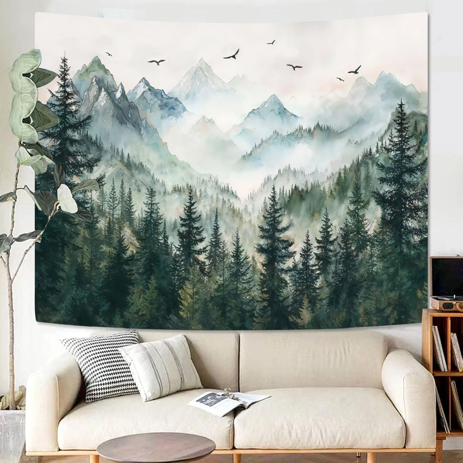 VIKAMA Natural Pine Tapestry Watercolour Mist Forest Bird Landscape Tapestry Living Room Dormitory Wall Hanging Home Decor