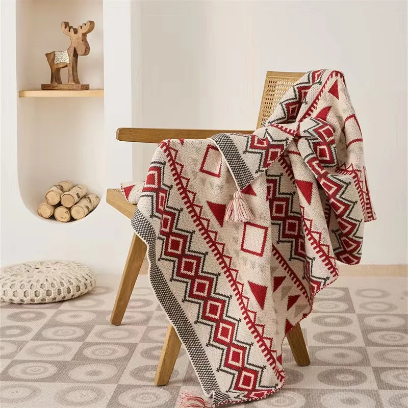 Bohemian Geometry Knitted Blanket Soft Warm Multifunction Blankets with Tassel Sofa Blanket Nap Blanket Bedspread Cover Decor
