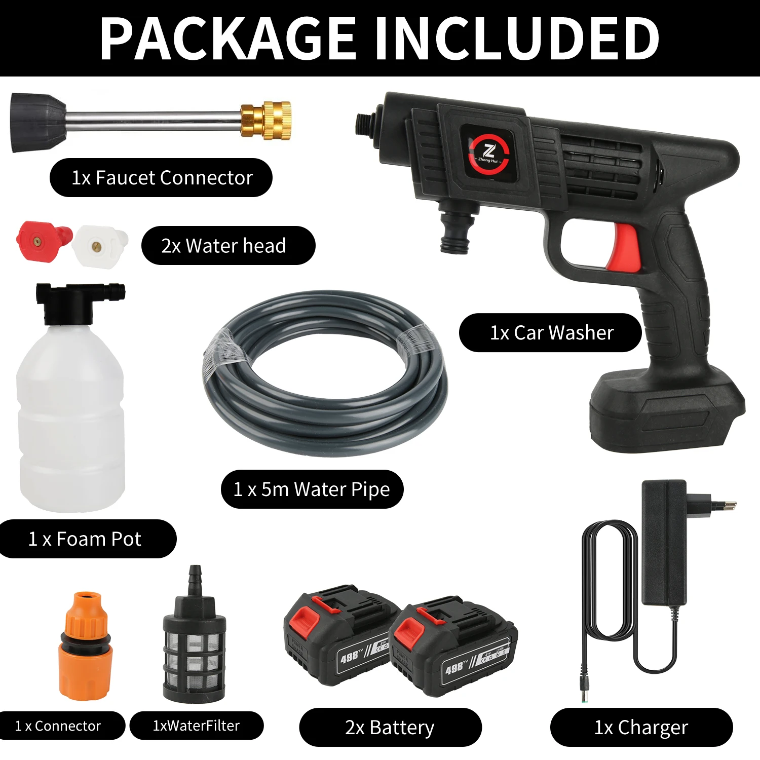 Draadloze hogedrukreiniger 3000W elektrische waterpistool met 18D plunjerpomp, dubbel doel, zelf-aanzuigende autoreinigingsmachine