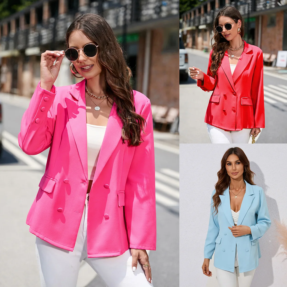 

Blazer Coat Women Suit Jacket Turn Down Collar 2025 Temperament Double Breasted Long Sleeve Solid Color Office Lady Outerwear