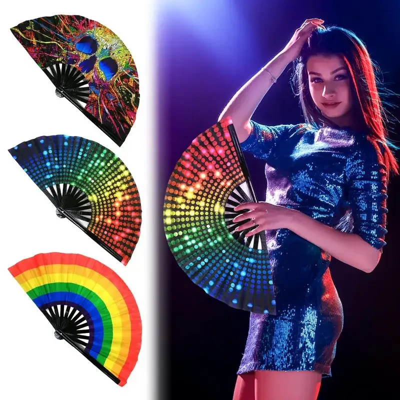 

Large Folding Hand Fan Fold Dot Rainbow Print Festival Handheld Fabric Fan 33cm Rave Fan for Girls Wedding Dance Gift for Guests