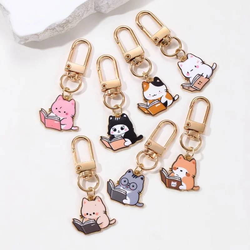 Cute Read Book Cat Enamel Keychain Lovely Animals Pet Key Ring For Women Men Good Gift Decoration Handmade Jewelry Set