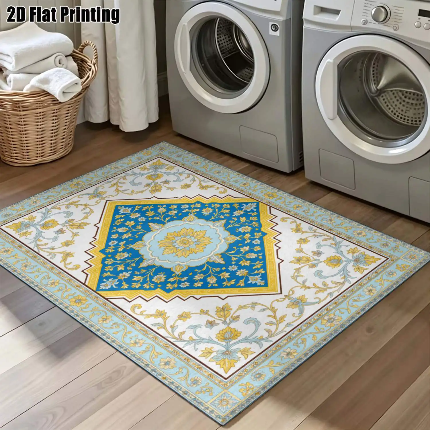 1Pc 2D Printed Carpet: Yellow & Blue Retro Floral, European Style, Washable, Multi-Size, Home Decor for Multiple Scenarios