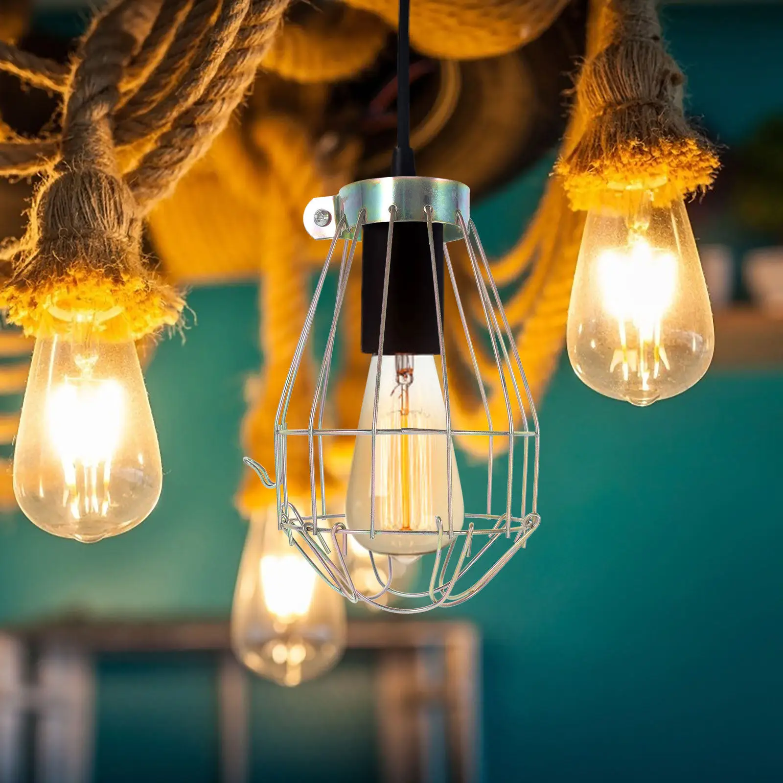 4Pcs Vintage Bulb Shape Lamp Shade Cage Hanging Lamp Cover Brass Finish Metal Pendant Decor for Living Room Bar Cafe