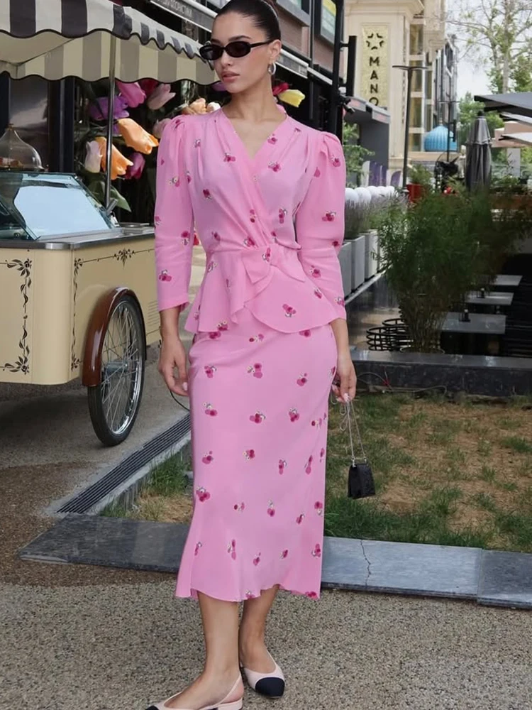 JULISSA MO Casual Print Two Piece Sets Women Skirt Suit Pink Long Sleeve Lace Up Skirt Set Female Autumn Slim Elegant Streetwear