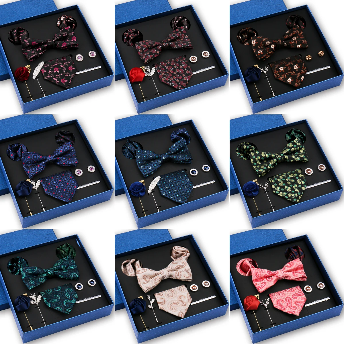 Luxury Mens Tie Set 8 PCS Paisley Bow Tie Pocket Square Cufflinks Brooch Tie Clip Business Wedding Formal Party Best Gift Men