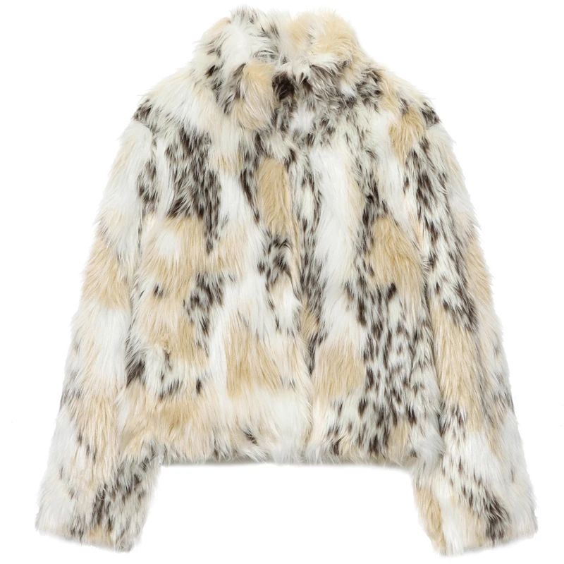 HXAO ليوبارد فو الفراء معطف سترة نسائية خريف شتاء 2025 المحاصيل رقيق ملابس خارجية شعر كم طويل محشوة سترة أفخم معطف #2