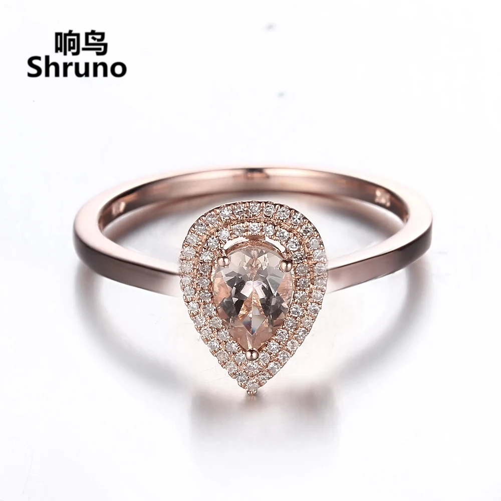 

Shruno Solid 14K Rose Gold 7x5mm Pear Cut Natural Morganite Gemstone Engagement Ring For Women Diamonds Fine Jewelry Best Gift