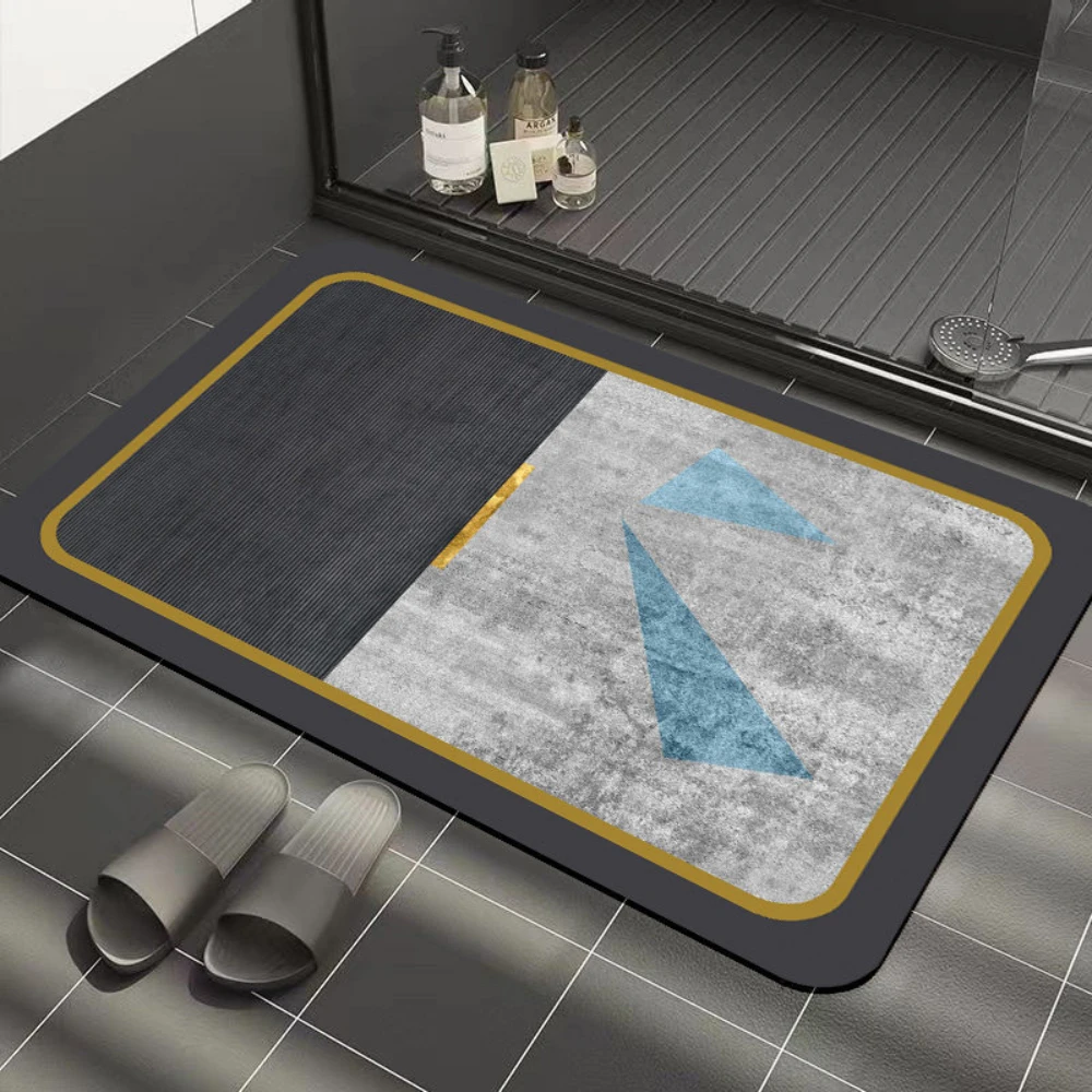 Blue Triangle Geometric Diatomite Bath Mat Non-Slip Super Water Absorbent Quick Dry Shower Floor Rug Simple Restroom Mat
