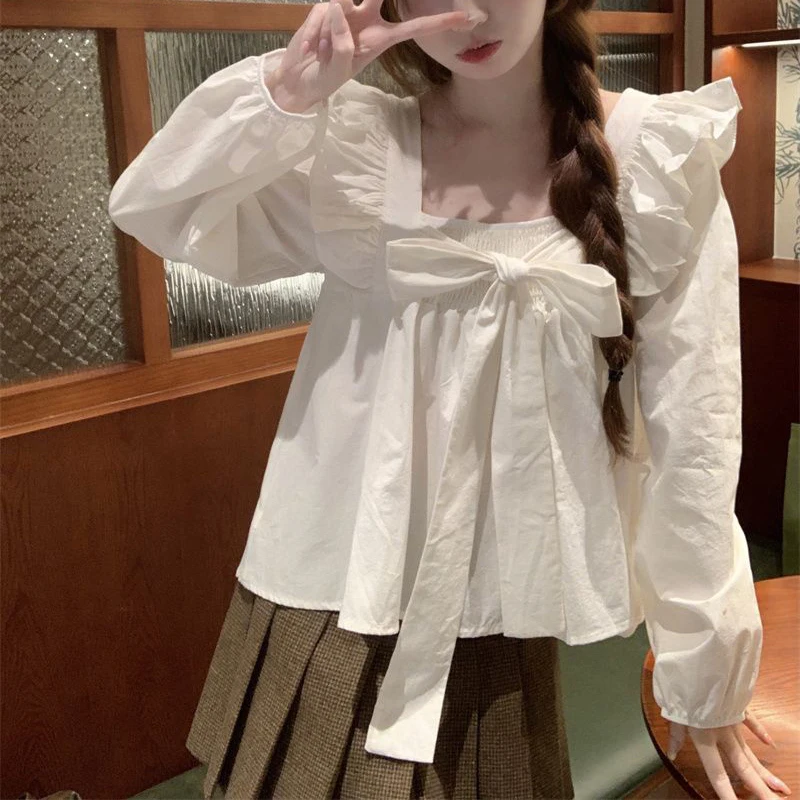 

Ruffles Shirts and Blouses Korea Square Collar Top Women 2024 Autumn Long Sleeve Bow Elegant Women Blouses Solid Fashion Clothes