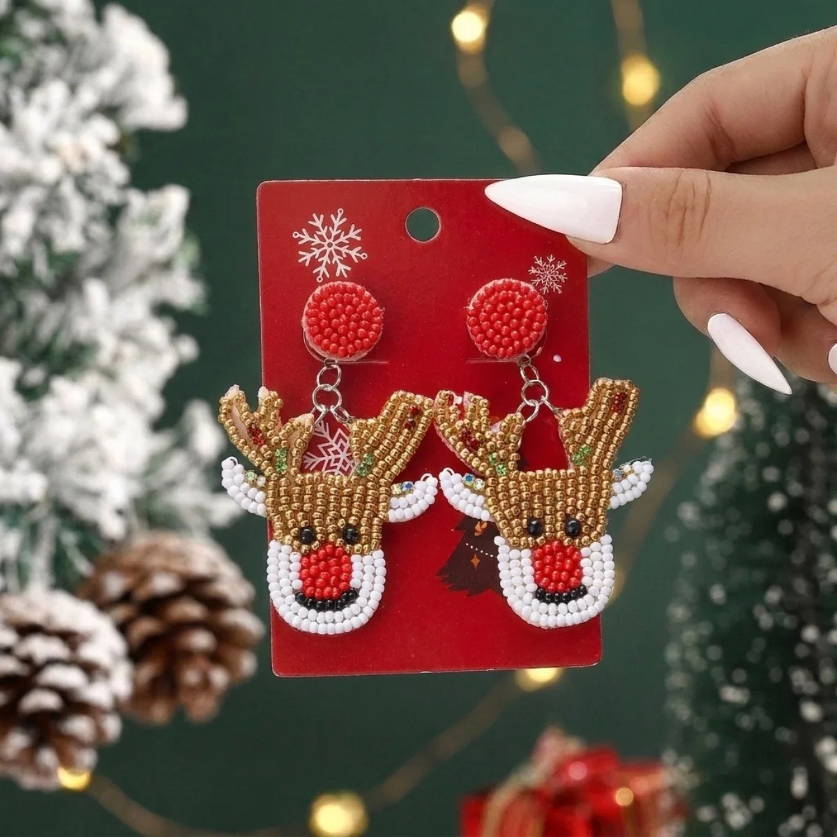 Weihnachtliche Ohrringe in Form eines Hauses mit Reisperlen für Damen, bunte Perlen, Weihnachtsmann, Rentier, Schneeflocke, Baum, Schleifen-Ohrringe, Schmuck. – Detail 19
