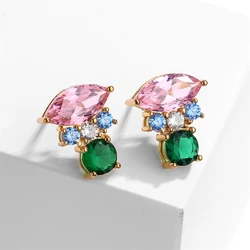 ZAKOL Cute Pink Square Zircon Stud Earrings for Elegant Women Cubic Zirconia Wedding Party Birthday Jewelry