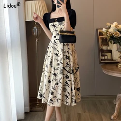 Elegant Temperament Fashion Printing Casual Patchwork Dresses Short Sleeve Summer Square Collar Knee Skirts Women's Clothing