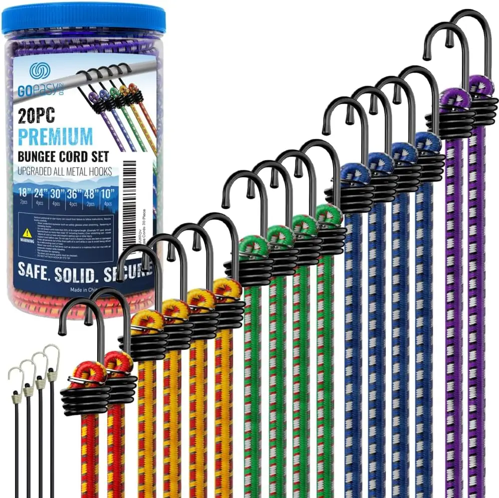 

Heavy Duty Bungee Cords with Hooks, 20 Pack Assorted Sizes 10-48 Inch, Elastic Cords for Car Truck Camping, Storage Jar