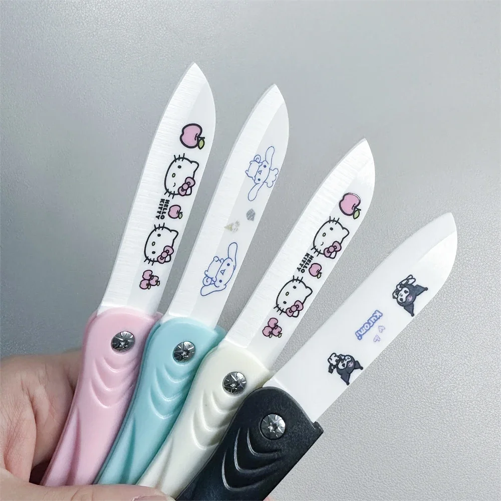 Cuchillo plegable de cerámica Sanrio de HelloKitty para el hogar, 4 piezas, Kawaii, dibujos animados, viaje exquisito, pelador de comida, regalo