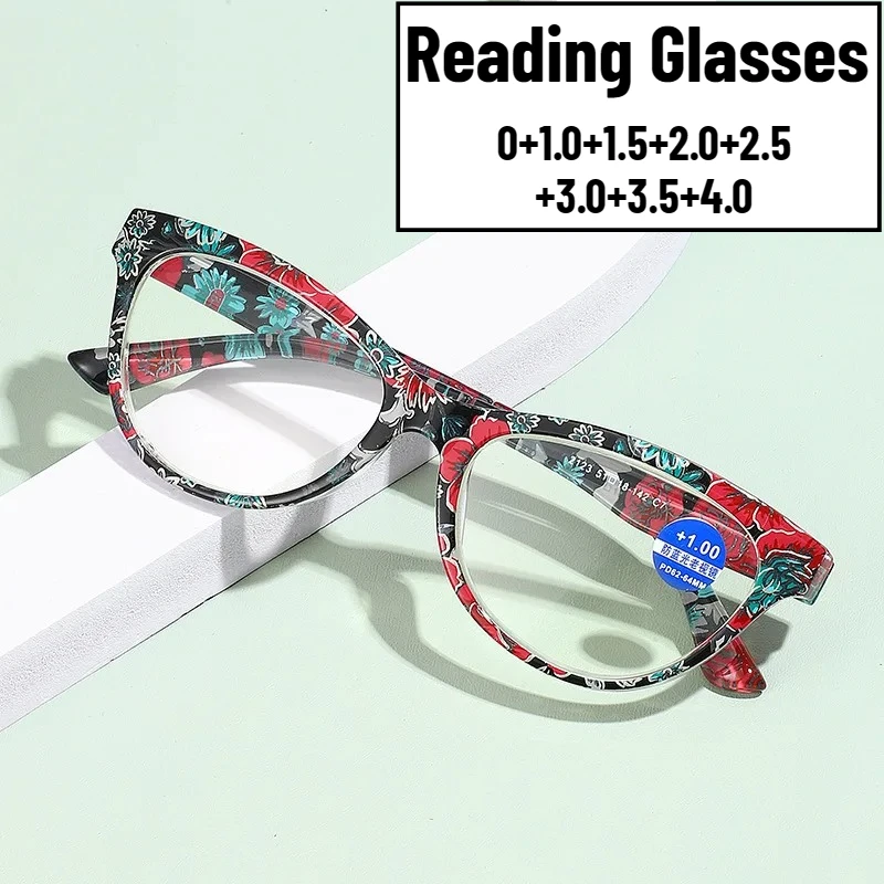 

Women's New Flower Pattern Frame Reading Glasses Neutral Fashion Cat-eye High-definition Blue Light Blocking Presbyopia Glasses