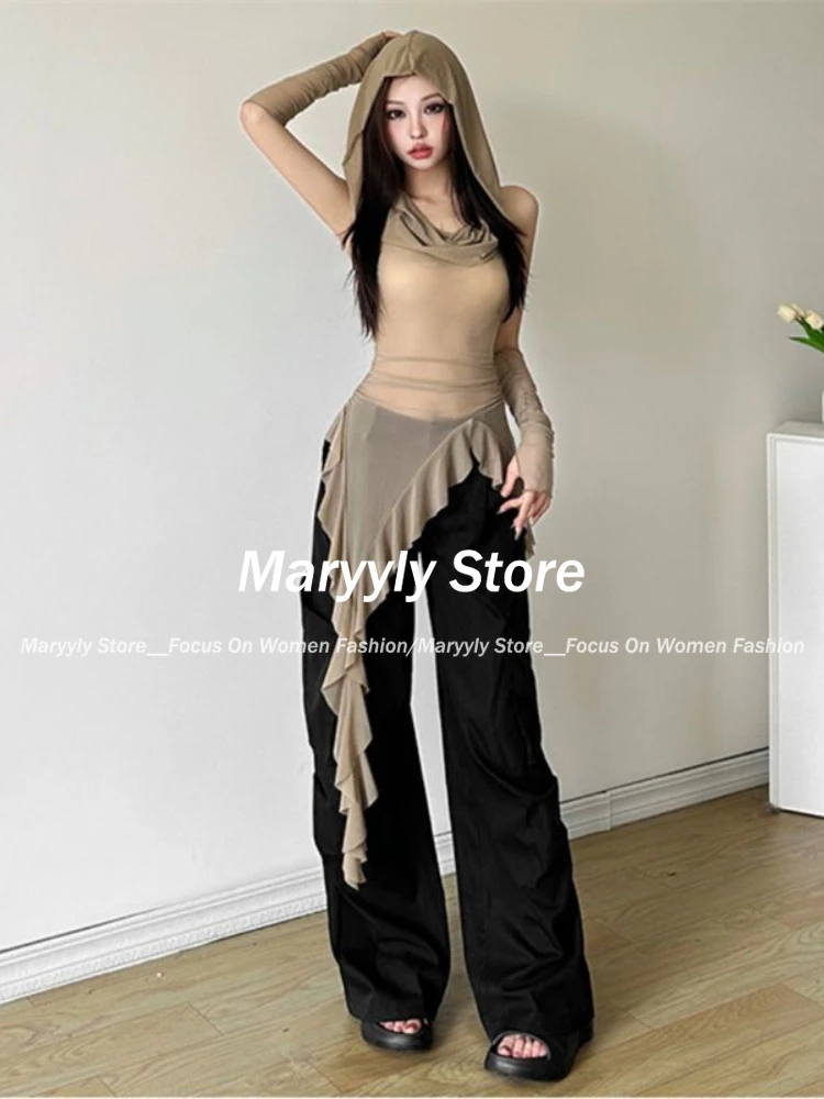 Y2K Vintage 90s Grunge Mesh See Through Hooded Tops Streetwear Irregular Hem Ruffles Hoodie Women Slim Blouse with Cuffs New