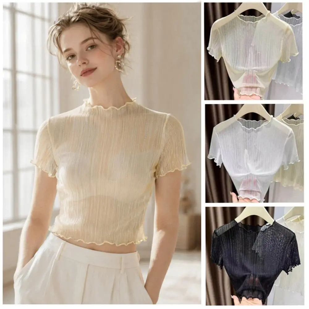 Elegant Nylon Silver Thread Lace Top Lace Semi-sheer Mesh Fabric Short Sleeve Mesh Tee Short Sleeve Camisole Dress Inner Women