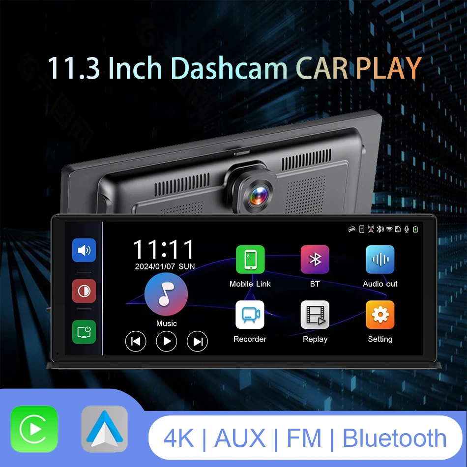 11.3 Inch CarPlay Android Auto Multimedia AUX CAR DVR 4K+1080P Dual Lens Recorder GPS navigation Bluetooth Dashcam