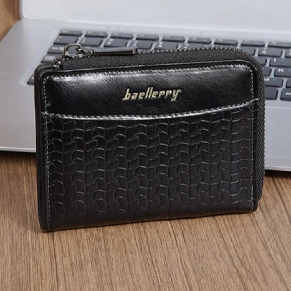 Leather Men's Short Wallet English Letter Urban Recreational Style Anti-theft Cash Bag Credit Card Case Zipper Card Bag