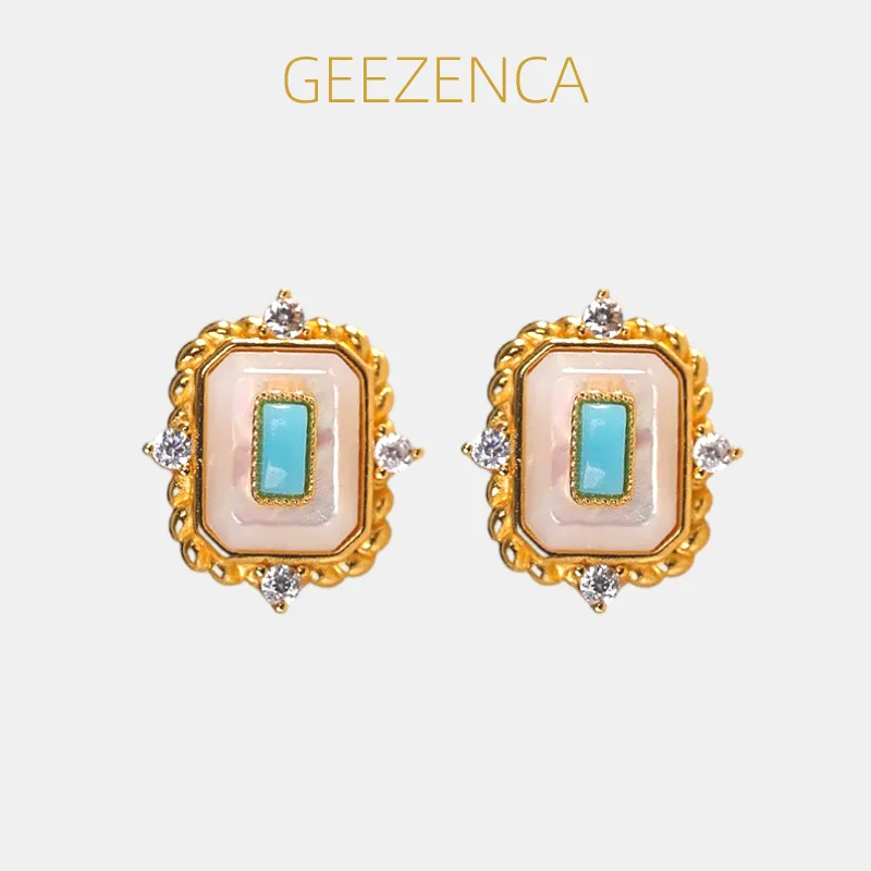 

GEEZENCA S925 посеребренные позолоченные бирюзовые перламутровые серьги с фианитом продолговатые женские серьги-гвоздики легкие изящные серьги подарок на вечеринку