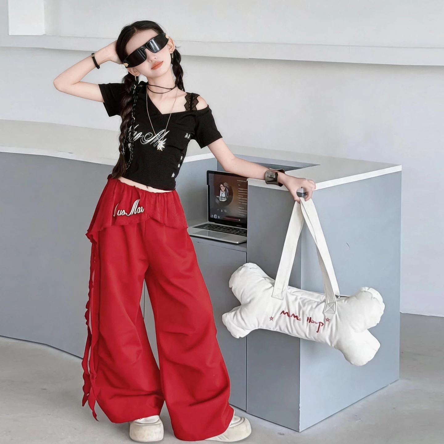 teen girls Hip hop jazz street dance clothes Lace shoulder strap T-shirt Irregular ruffle edge cargo pants junior kids outfits