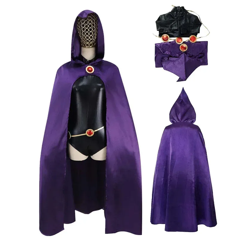 

Костюм для косплея TeenTitans Raven, парик, роскошный комбинезон с поясом, фиолетовый плащ, униформа на Хэллоуин для женщин x 8 s, 6;