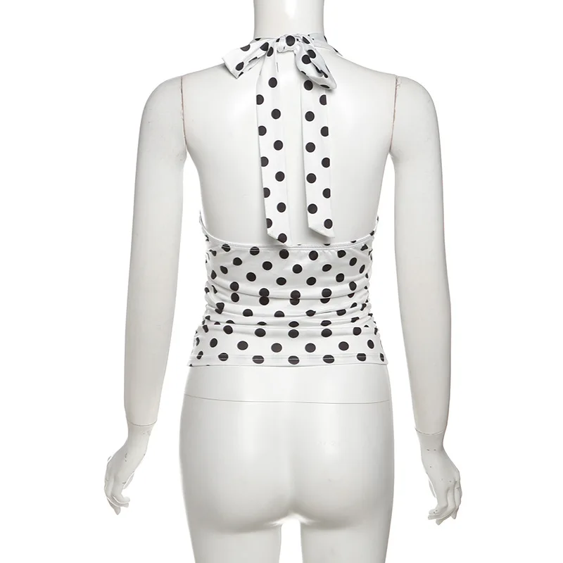 Damen-Top mit V-Ausschnitt, offenem Rücken, Schnürung, Polka-Dot-Muster, figurbetont, Tank-Top-Stil, Y2K-Sommermode, Alltags-Streetwear, Basic-Oberteil. – Detail 21