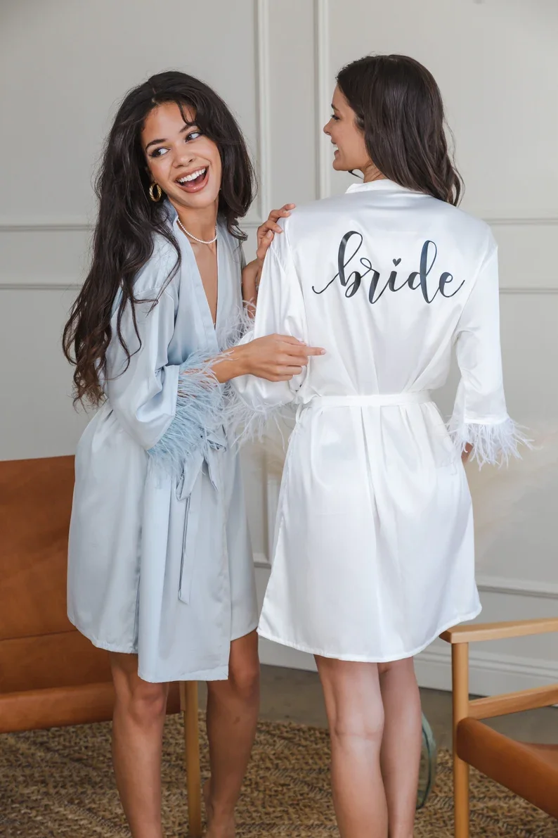 Custom Feather Silk Robes Bachelorette Party Dresses Personalized Bride Kimono Bridesmaid Gift Bridal Party Bride Robe Wedding