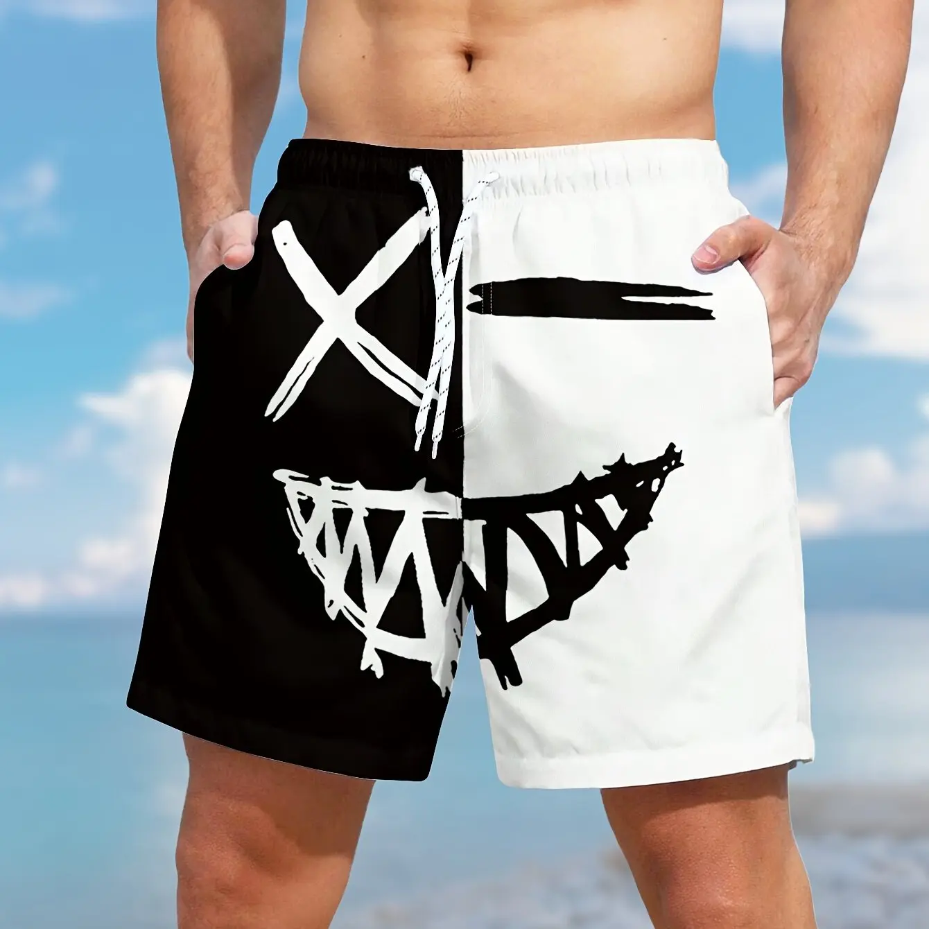 Men\'s Color Matching Smiling Face Graphic Print Shorts With Pockets Casual Drawstring Shorts For Beach Summer Swimming Surfing