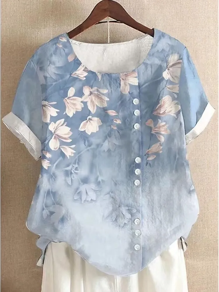 

Floral Print Shirt For Women Casual O Neck Short Sleeve Pullover Shirts Top Lady Fashion Holiday Womens Clothing Summer New 2025