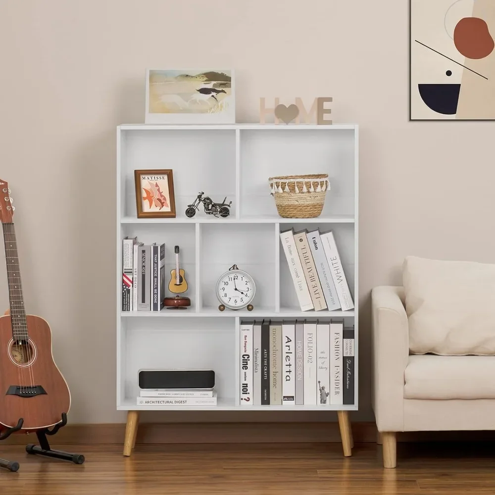 

3-Tier White Minimalist Bookshelf with Legs, 7-Cube Open Bookcase Storage Organizer for Bedroom and Living Room