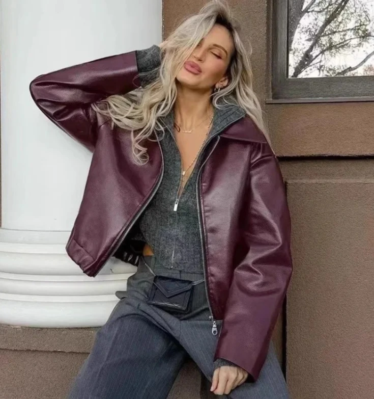 

Wine Red Faux LeatherFashion Outerwear Thicken Zipper Lapel Pu Coats Autumn Winter Streetwear Ladies Tops Women