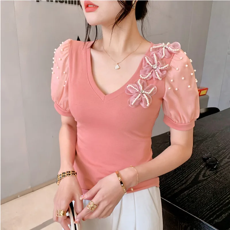 M-3XL New Summer European Women\'s T-Shirt Clothes Chic Flower Beading Tops Female Fashion Puff Short Sleeve Slim Tees Blouse