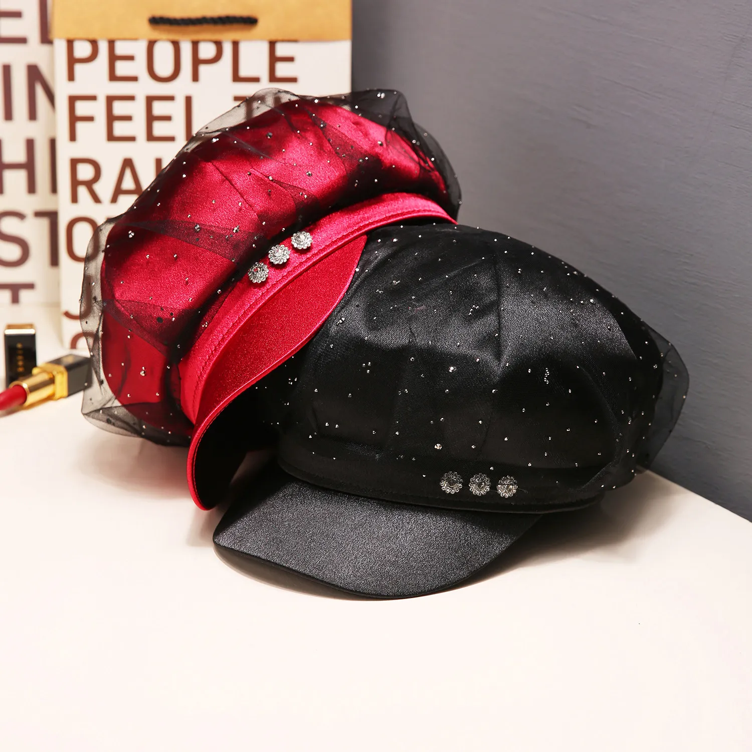 2026 Spring Summer Rhinestone Lace Octagonal Hat Women Summer Thin Beret Wide Brim Show Face Small Fashion Baseball Cap